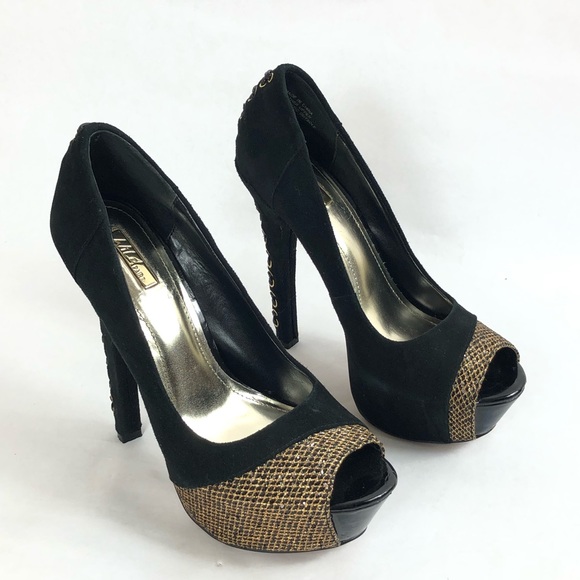 Wild Pair Suede Gold Mesh Peep Toe Heels Size 7.5 - Picture 8 of 15
